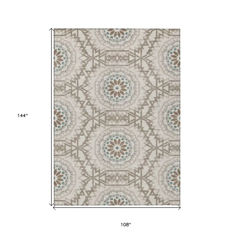 9' X 12' Beige Brown And Teal Blue Floral Medallion Washable Indoor Outdoor Area Rug