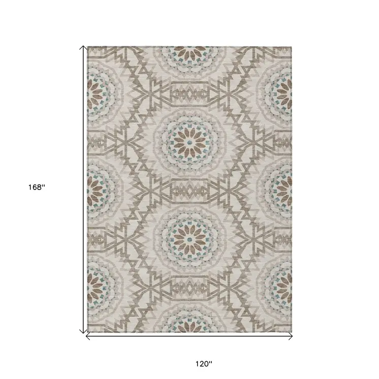 10' X 14' Beige Brown And Teal Blue Floral Medallion Washable Indoor Outdoor Area Rug