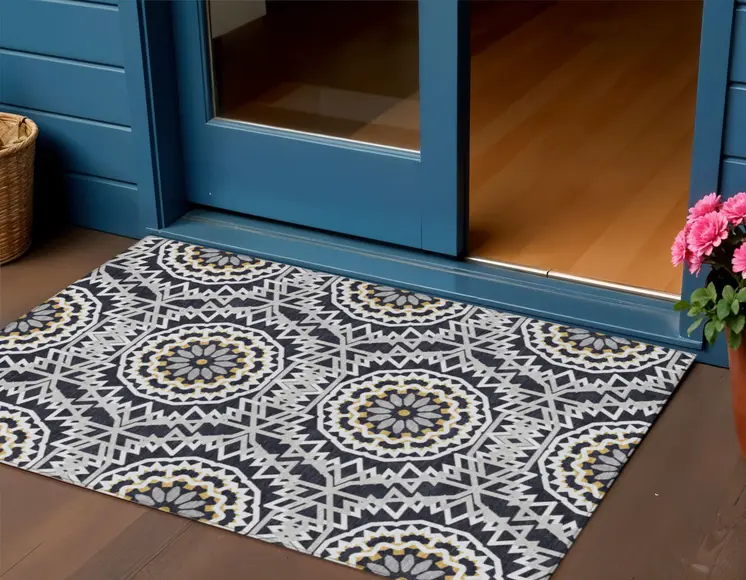 3' X 5' Black Ivory And Gray Floral Medallion Washable Indoor Outdoor Area Rug