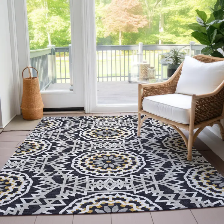 3' X 5' Black Ivory And Gray Floral Medallion Washable Indoor Outdoor Area Rug