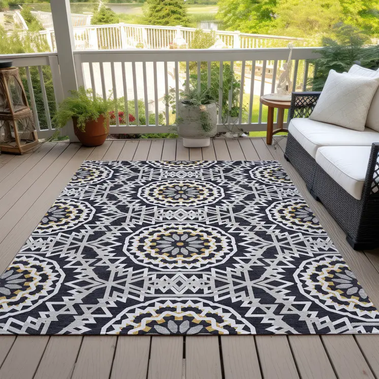 5' X 8' Black Ivory And Gray Floral Medallion Washable Indoor Outdoor Area Rug