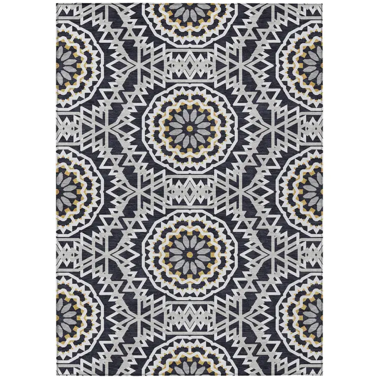 5' X 8' Black Ivory And Gray Floral Medallion Washable Indoor Outdoor Area Rug
