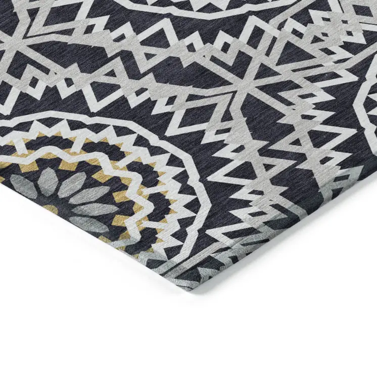 5' X 8' Black Ivory And Gray Floral Medallion Washable Indoor Outdoor Area Rug