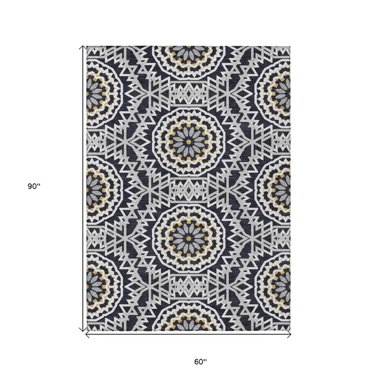 5' X 8' Black Ivory And Gray Floral Medallion Washable Indoor Outdoor Area Rug