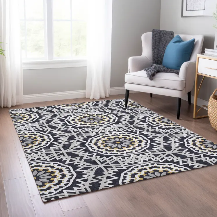 5' X 8' Black Ivory And Gray Floral Medallion Washable Indoor Outdoor Area Rug