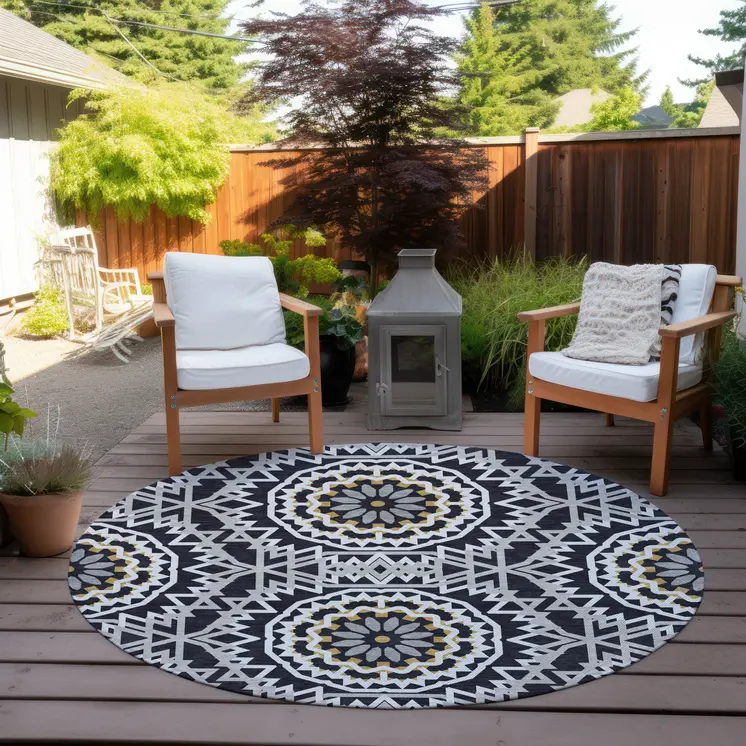 8' Black Ivory And Gray Round Floral Medallion Washable Indoor Outdoor Area Rug