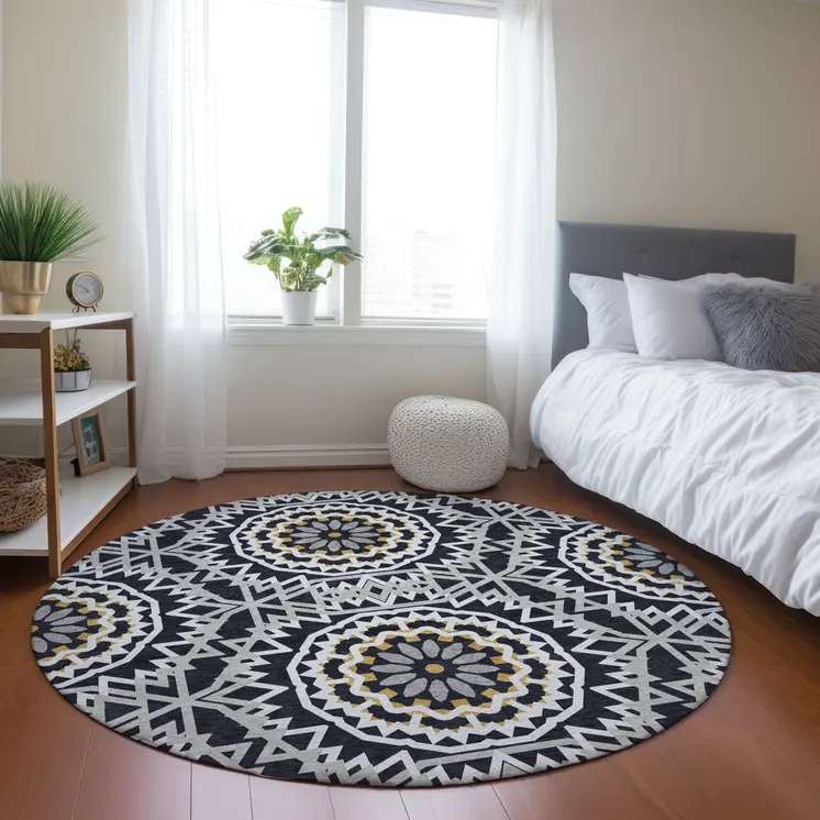 8' Black Ivory And Gray Round Floral Medallion Washable Indoor Outdoor Area Rug