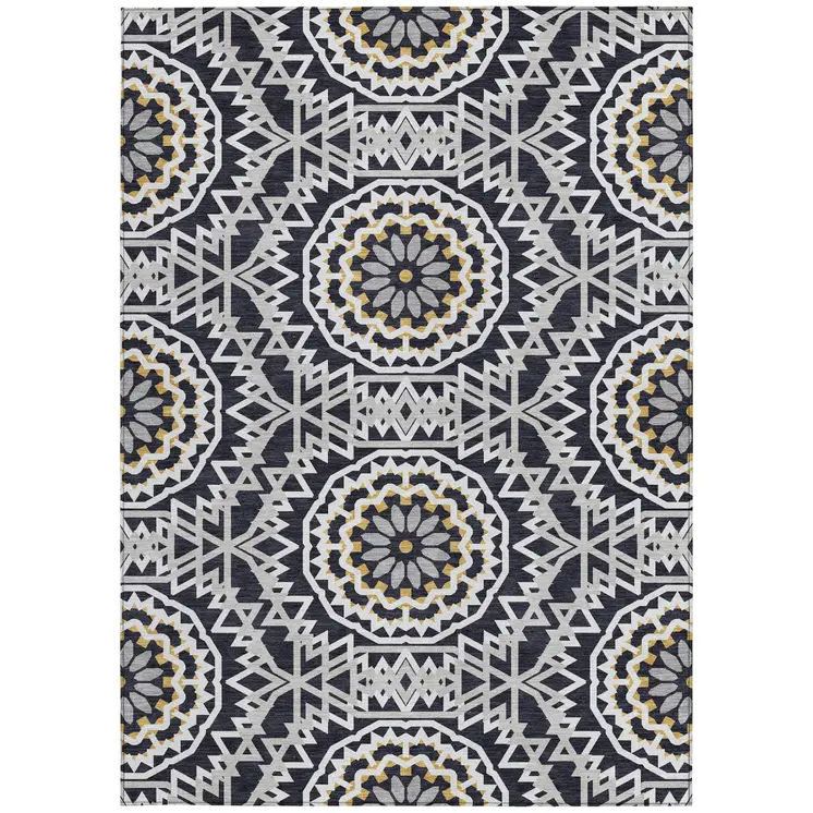 8' X 10' Black Ivory And Gray Floral Medallion Washable Indoor Outdoor Area Rug