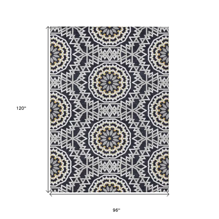 8' X 10' Black Ivory And Gray Floral Medallion Washable Indoor Outdoor Area Rug