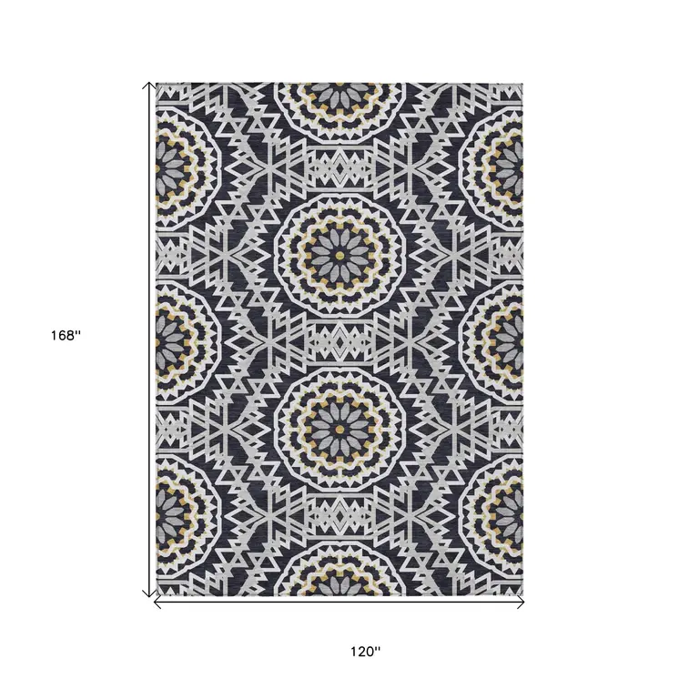 10' X 14' Black Ivory And Gray Floral Medallion Washable Indoor Outdoor Area Rug