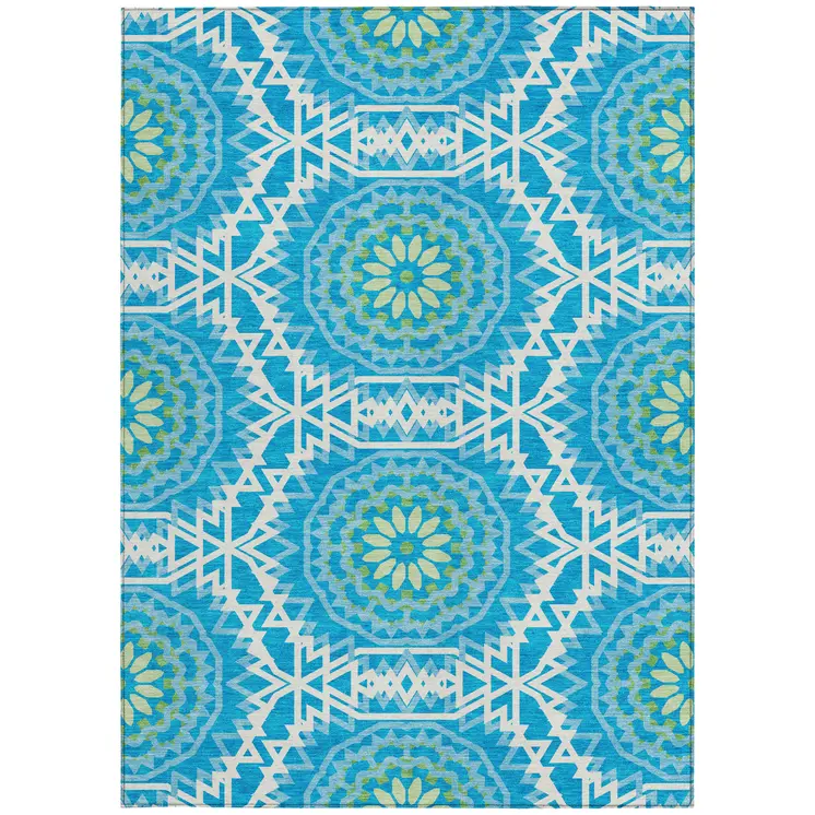 3' X 5' Ivory And Sky Blue Floral Medallion Washable Indoor Outdoor Area Rug