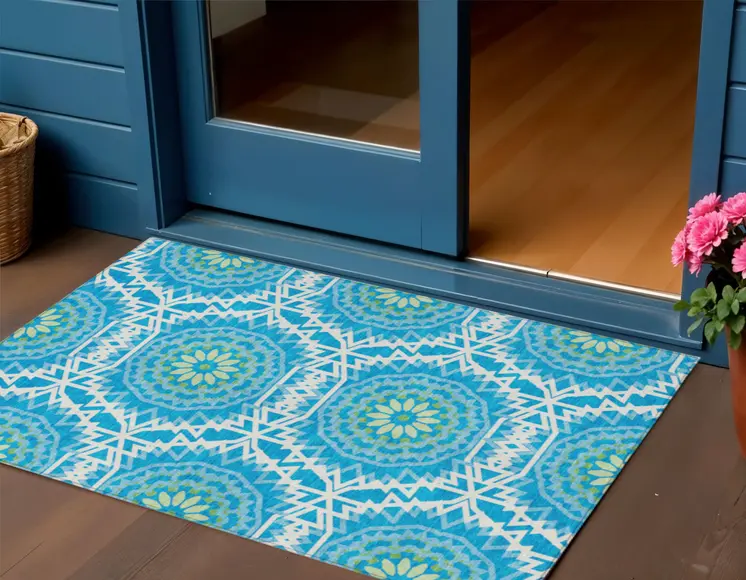 3' X 5' Ivory And Sky Blue Floral Medallion Washable Indoor Outdoor Area Rug