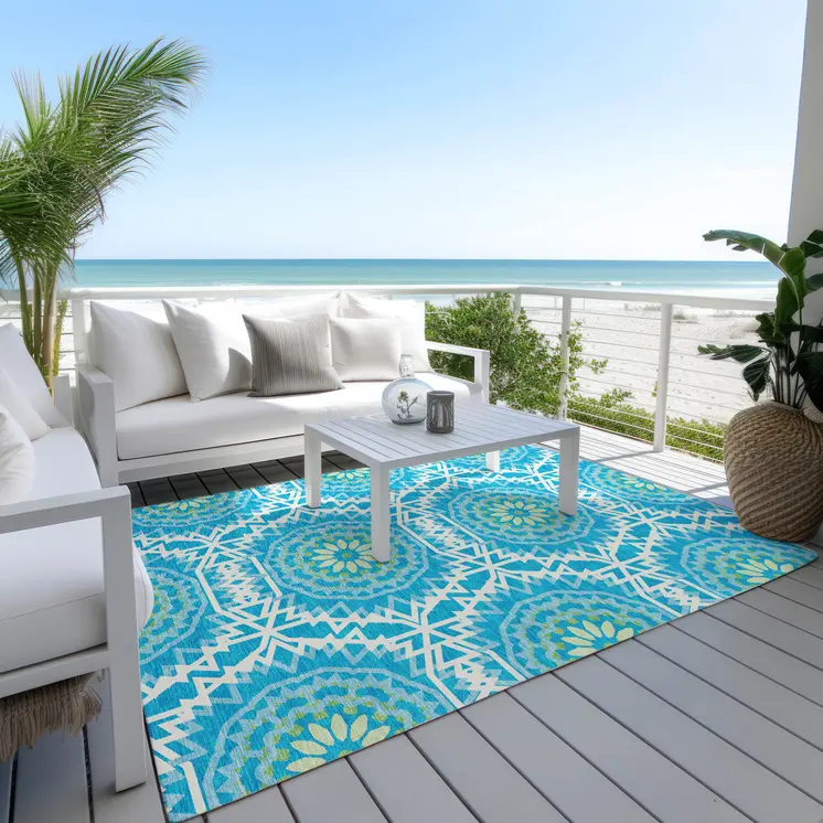 3' X 5' Ivory And Sky Blue Floral Medallion Washable Indoor Outdoor Area Rug