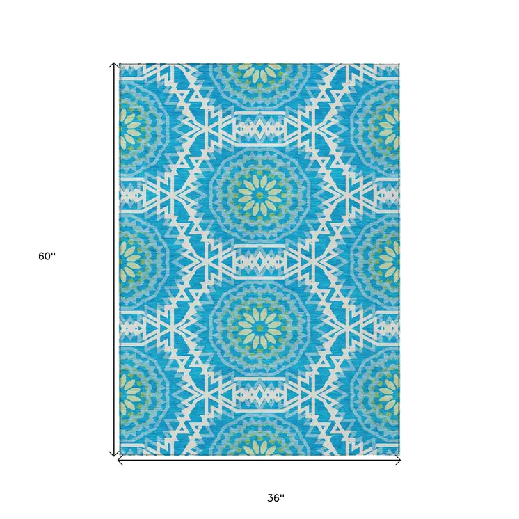 3' X 5' Ivory And Sky Blue Floral Medallion Washable Indoor Outdoor Area Rug