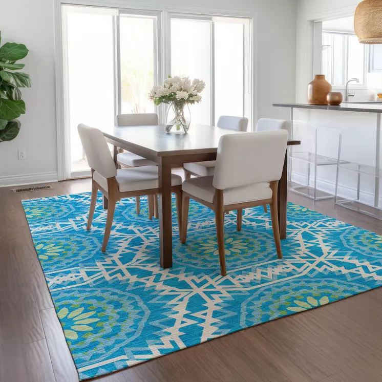 3' X 5' Ivory And Sky Blue Floral Medallion Washable Indoor Outdoor Area Rug