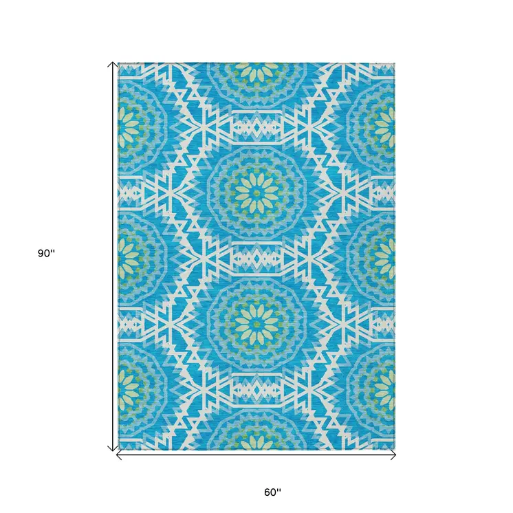 5' X 8' Ivory And Sky Blue Floral Medallion Washable Indoor Outdoor Area Rug