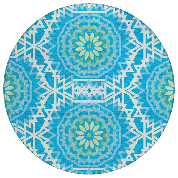8' Ivory And Sky Blue Round Floral Medallion Washable Indoor Outdoor Area Rug