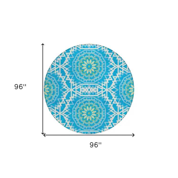 8' Ivory And Sky Blue Round Floral Medallion Washable Indoor Outdoor Area Rug
