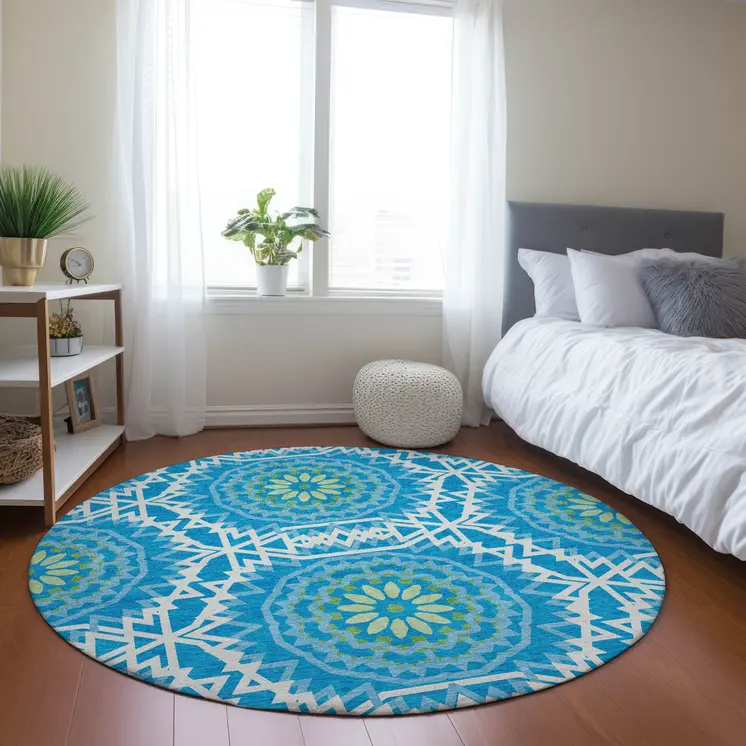 8' Ivory And Sky Blue Round Floral Medallion Washable Indoor Outdoor Area Rug