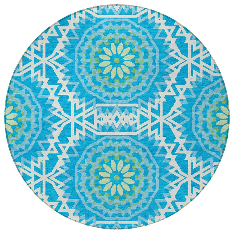 8' Ivory And Sky Blue Round Floral Medallion Washable Indoor Outdoor Area Rug