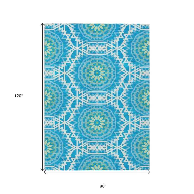 8' X 10' Ivory And Sky Blue Floral Medallion Washable Indoor Outdoor Area Rug