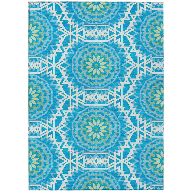 9' X 12' Ivory And Sky Blue Floral Medallion Washable Indoor Outdoor Area Rug