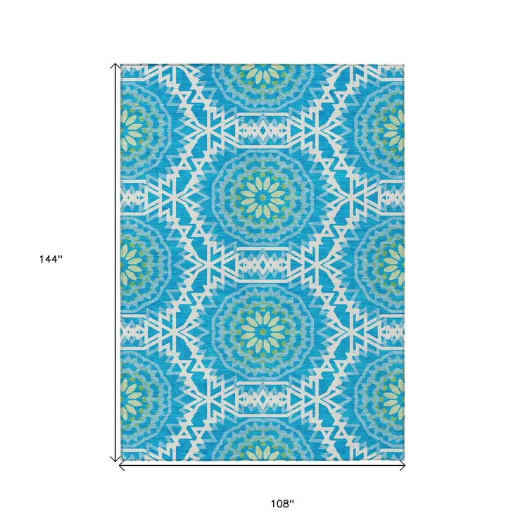 9' X 12' Ivory And Sky Blue Floral Medallion Washable Indoor Outdoor Area Rug
