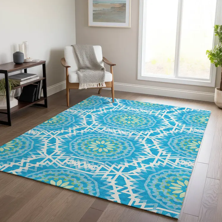 9' X 12' Ivory And Sky Blue Floral Medallion Washable Indoor Outdoor Area Rug