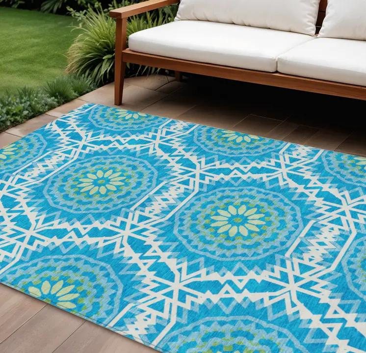 10' X 14' Ivory And Sky Blue Floral Medallion Washable Indoor Outdoor Area Rug
