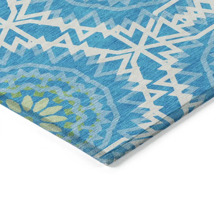 10' X 14' Ivory And Sky Blue Floral Medallion Washable Indoor Outdoor Area Rug