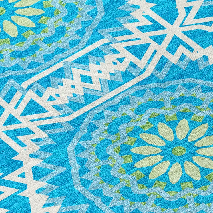 10' X 14' Ivory And Sky Blue Floral Medallion Washable Indoor Outdoor Area Rug