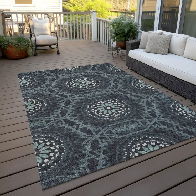 3' X 5' Charcoal Gray And Ivory Floral Medallion Washable Indoor Outdoor Area Rug