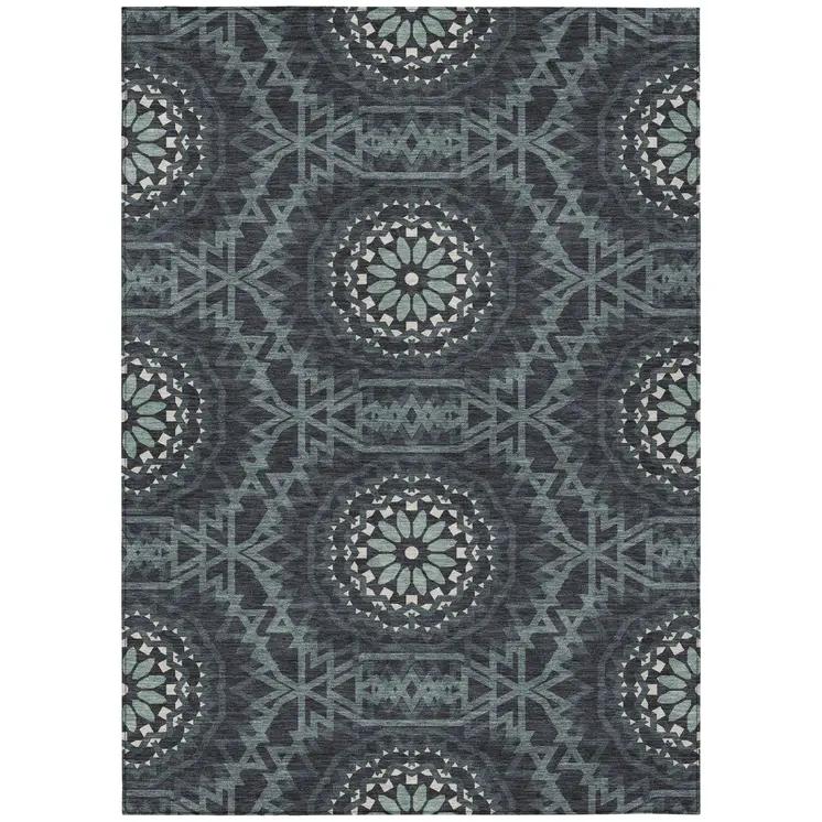 3' X 5' Charcoal Gray And Ivory Floral Medallion Washable Indoor Outdoor Area Rug