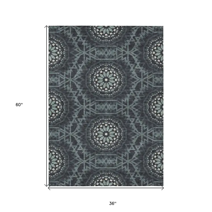 3' X 5' Charcoal Gray And Ivory Floral Medallion Washable Indoor Outdoor Area Rug