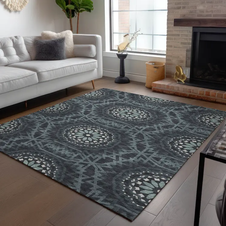 3' X 5' Charcoal Gray And Ivory Floral Medallion Washable Indoor Outdoor Area Rug
