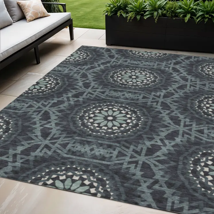 5' X 8' Charcoal Gray And Ivory Floral Medallion Washable Indoor Outdoor Area Rug