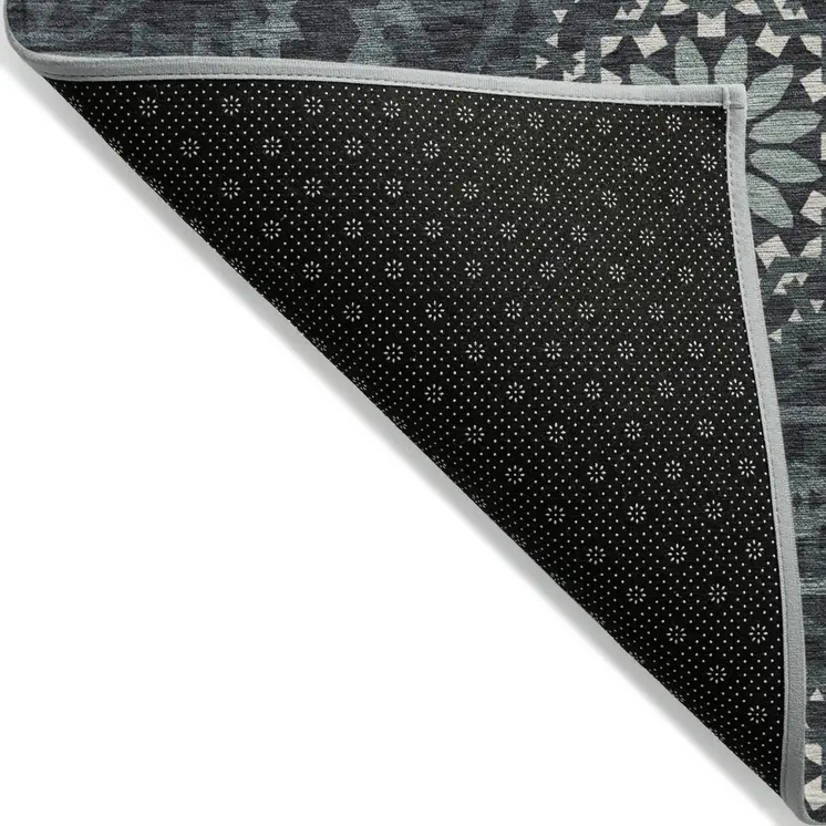 8' X 10' Charcoal Gray And Ivory Floral Medallion Washable Indoor Outdoor Area Rug