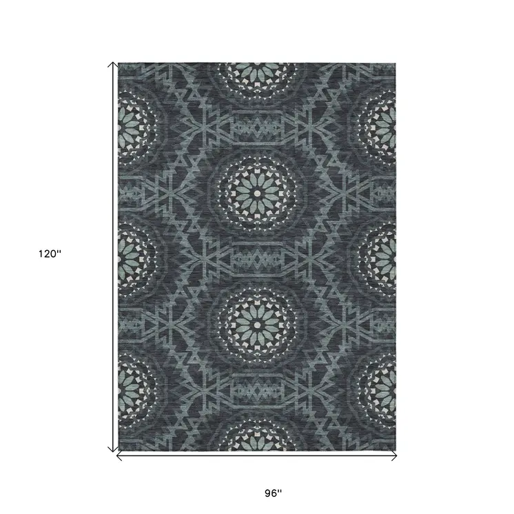 8' X 10' Charcoal Gray And Ivory Floral Medallion Washable Indoor Outdoor Area Rug