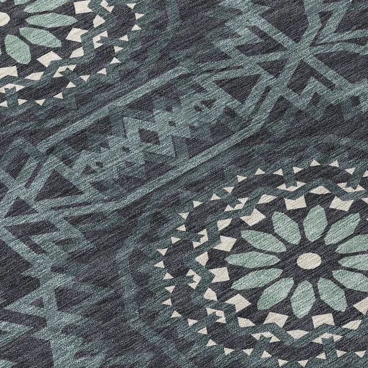 8' X 10' Charcoal Gray And Ivory Floral Medallion Washable Indoor Outdoor Area Rug