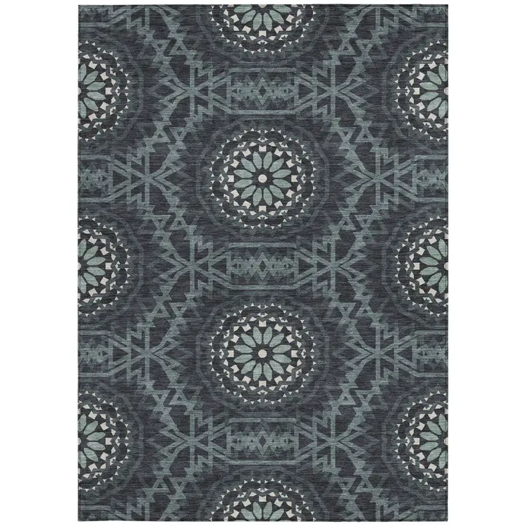 9' X 12' Charcoal Gray And Ivory Floral Medallion Washable Indoor Outdoor Area Rug