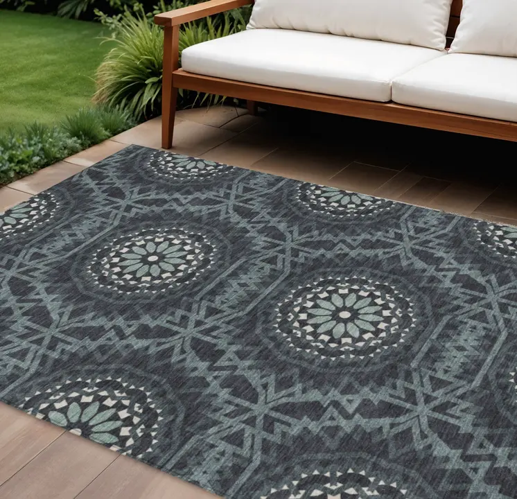 9' X 12' Charcoal Gray And Ivory Floral Medallion Washable Indoor Outdoor Area Rug