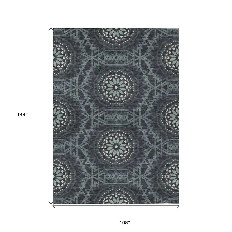 9' X 12' Charcoal Gray And Ivory Floral Medallion Washable Indoor Outdoor Area Rug