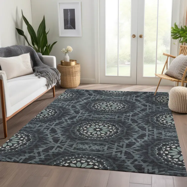 9' X 12' Charcoal Gray And Ivory Floral Medallion Washable Indoor Outdoor Area Rug