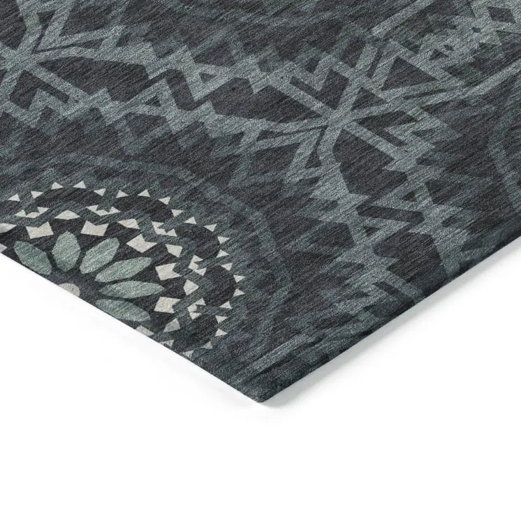 10' X 14' Charcoal Gray And Ivory Floral Medallion Washable Indoor Outdoor Area Rug