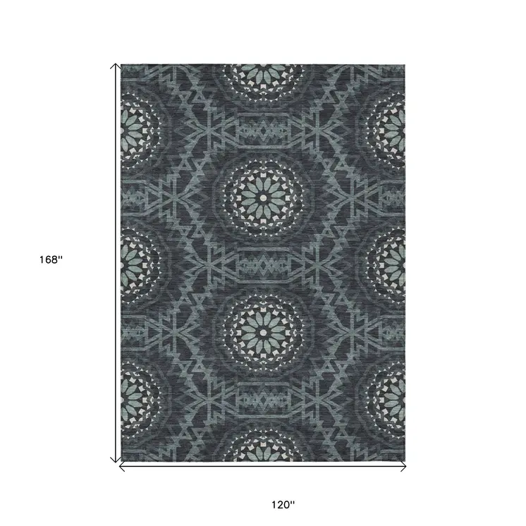10' X 14' Charcoal Gray And Ivory Floral Medallion Washable Indoor Outdoor Area Rug