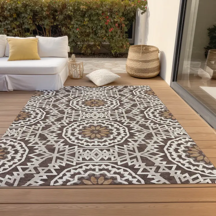 3' X 5' Chocolate Ivory And Taupe Floral Medallion Washable Indoor Outdoor Area Rug