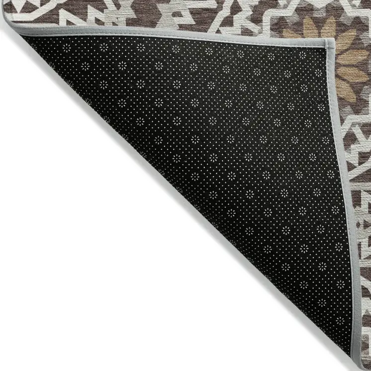 3' X 5' Chocolate Ivory And Taupe Floral Medallion Washable Indoor Outdoor Area Rug