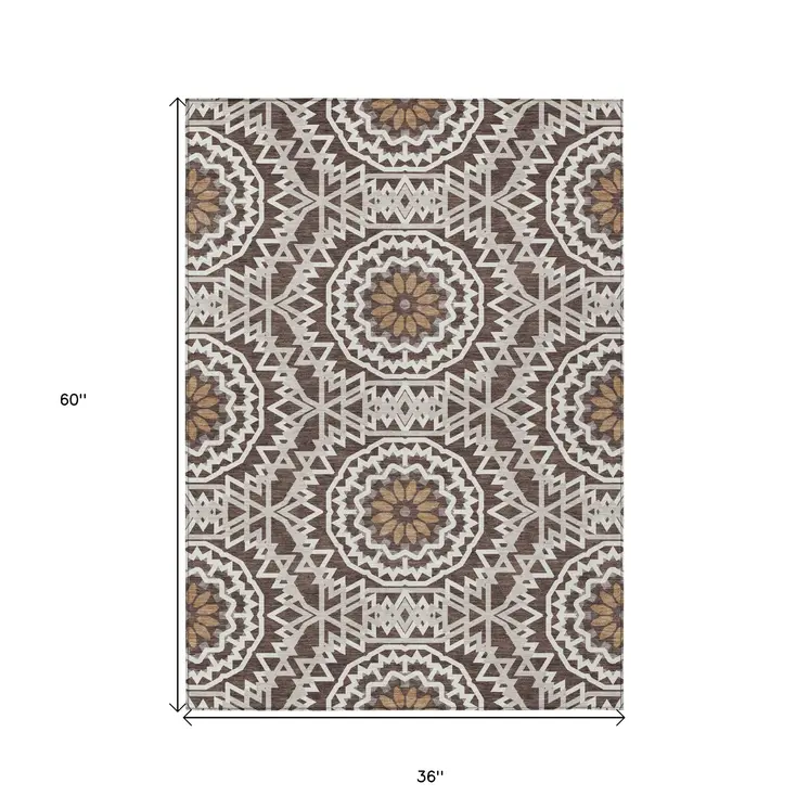 3' X 5' Chocolate Ivory And Taupe Floral Medallion Washable Indoor Outdoor Area Rug