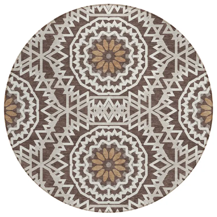8' Chocolate Ivory And Taupe Round Floral Medallion Washable Indoor Outdoor Area Rug