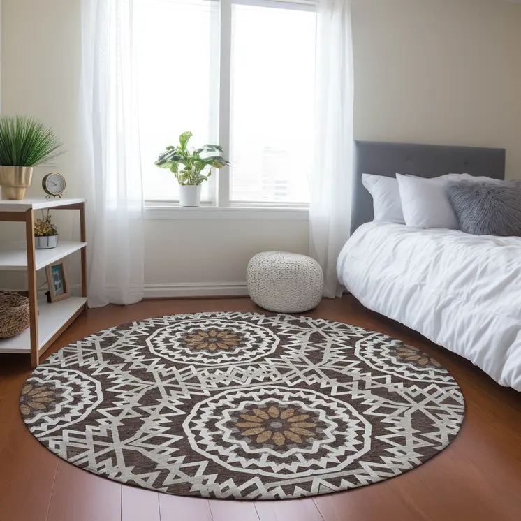 8' Chocolate Ivory And Taupe Round Floral Medallion Washable Indoor Outdoor Area Rug